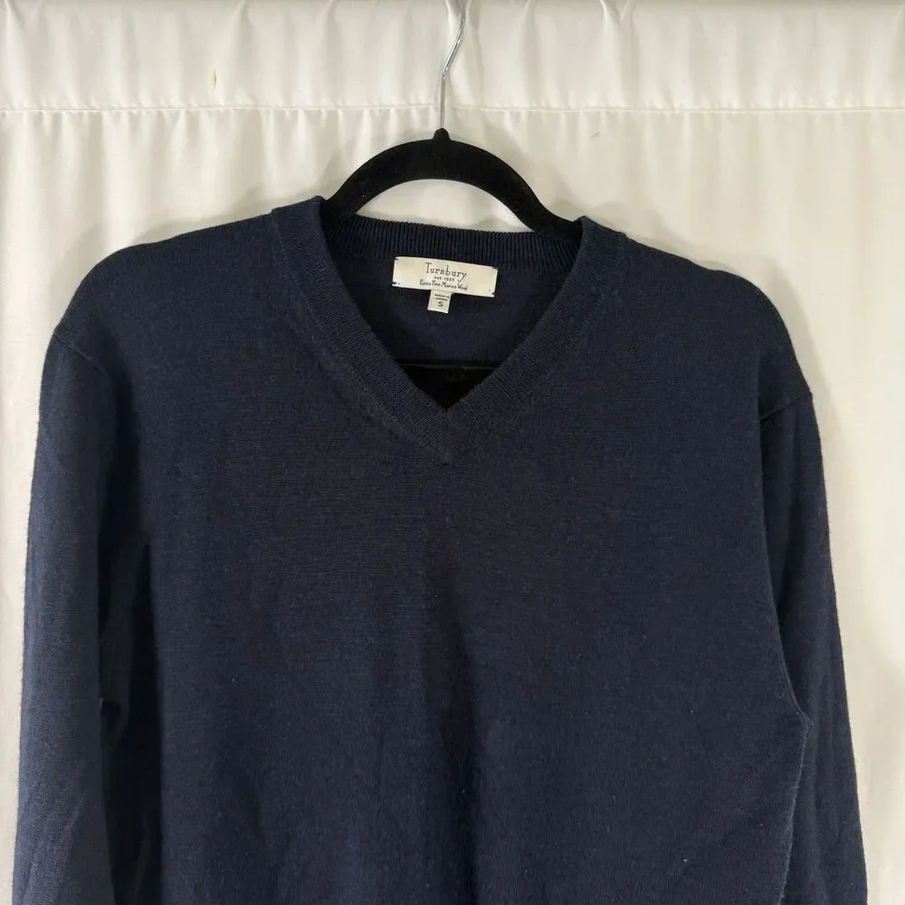 Turnbury Extra Fine Merino Wool Sweater Men's Small Blue V-Neck Knit Long Slv